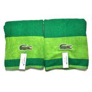 LACOSTE Set of 2 Big Crocodile Logo Bath Towels Green 100% Cotton 30” x 52” NWT